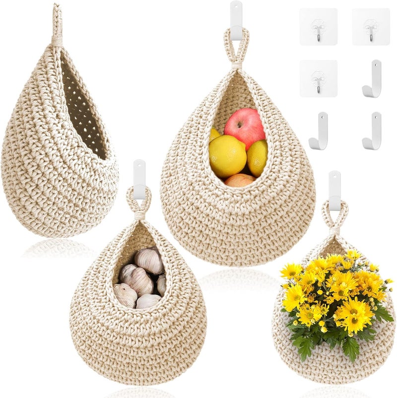 OGOTEZ Hanging Fruit Baskets for Kitchen - 3 Pack Boho Wall Hanging Basket with 6 Pcs Strong Hooks, Handwoven Onion Storage Teardrop Home Onion Basket for Fruits Vegetable Potato Kitchen Storage (White) - Image 1